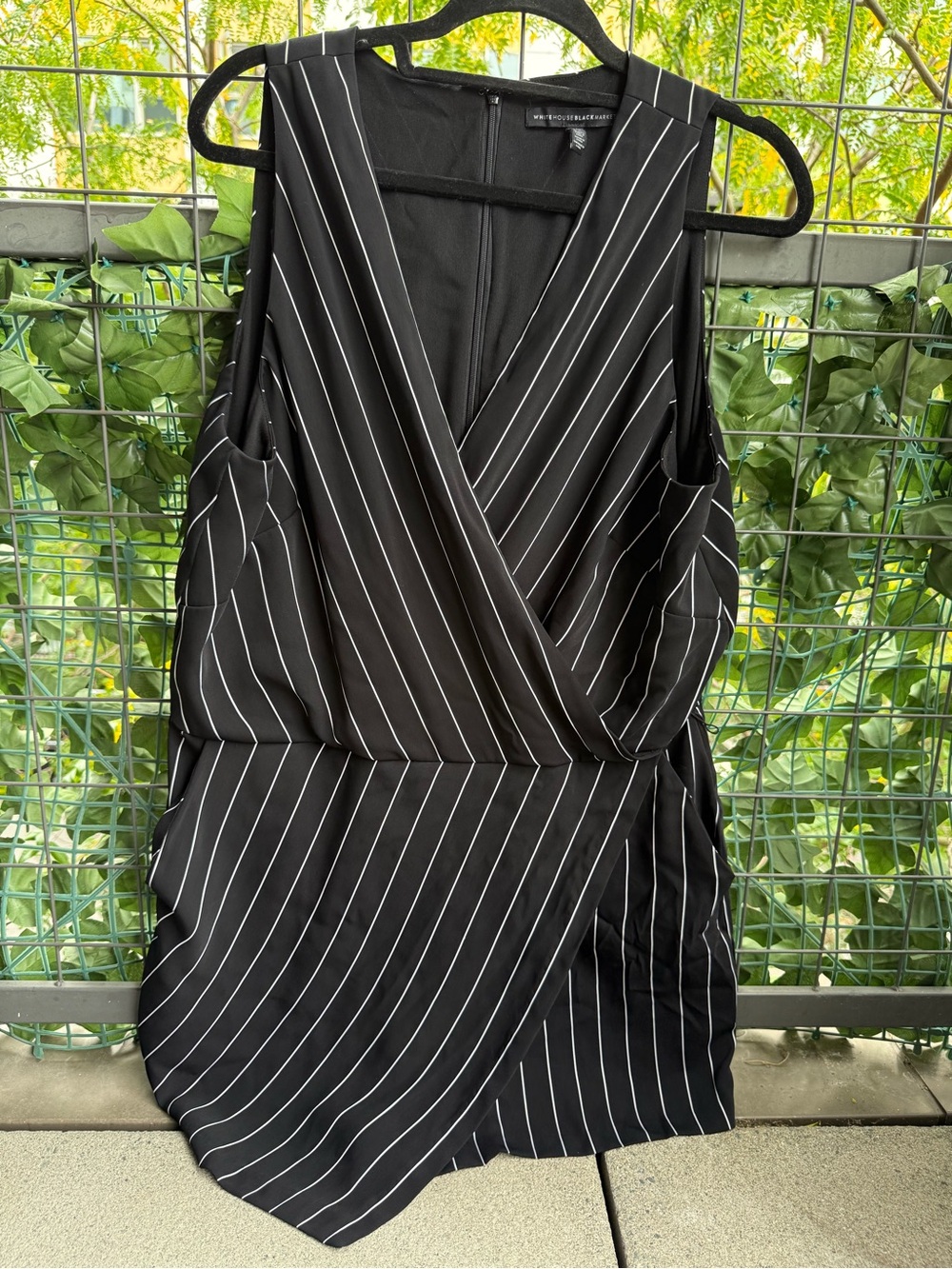 White House Black Market Black Pinstripe Wrap romper in size 16